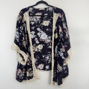 Indigo Rose Kimono Crochet Trim Floral Navy Women 2X